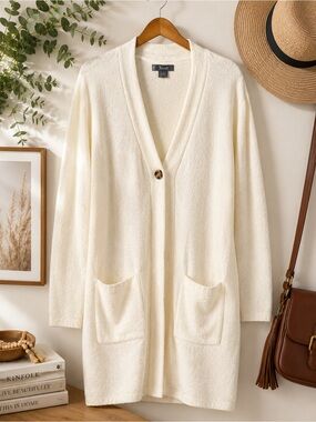 Natural Reflections Cozy Cardigan Sweater Size Medium Cream Long Open Front